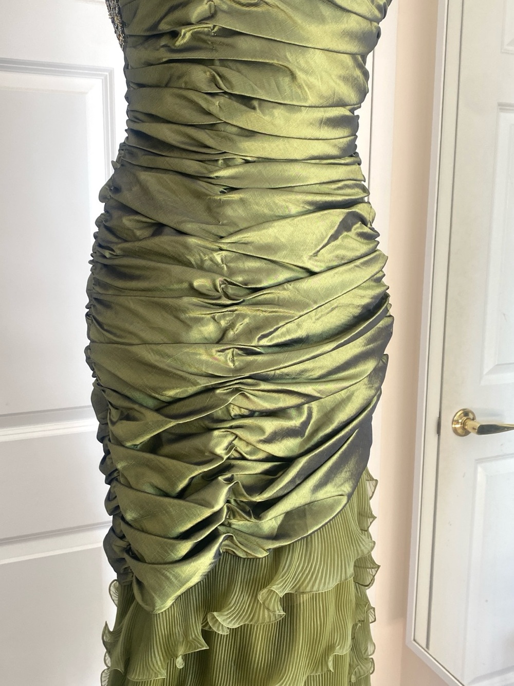Strapless Olive Ruched Ruffle High-Low Dress - Picture 7 of 14